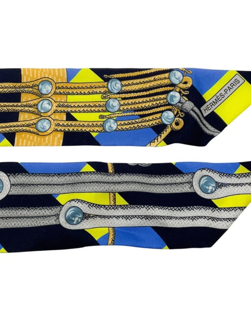 Hermès Blue / Yellow Brides et Gris-Gris silk Twilly Scarf